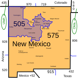 The map indicates the geographical regions in the state of New Mexico, served by area codes 505 and 575