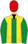 Yellow, green stripe and sleeves, red cap