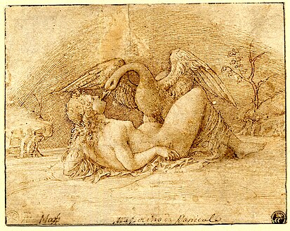 Leda and the Swan, Maracantonio Raimondi. Pen and chalk drawing. British Museum, London. 1500 to 1505