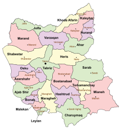 Location of Charuymaq County in East Azerbaijan province (bottom center, green)