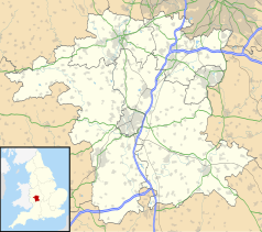 Mapa konturowa Worcestershire, na dole po prawej znajduje się punkt z opisem „Wickhamford”