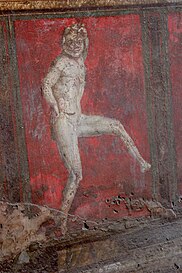 A satyr dancing. A fresco from the cubiculum in the Villa of the Mysteries. From Pompeii. Date: 80 to 70 BCE [71]