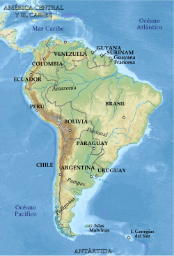 Mapa físico-político de Sudamérica.