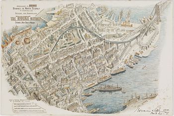 Hand coloured illustration of the Rocks district as seen from above with the proposed railway line snaking through from bottom left to top right, and connecting to a road which crosses over the harbour along with the railway.