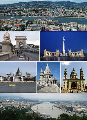 No alto: Vista da cidade a partir do rio Danúbio Centro:Ponte Széchenyi Lánchíd, Praça dos Heróis, Parlamento de Budapeste, Bastião dos Pescadores e Basílica de Santo Estêvão Abaixo: Panorama da cidade desde a colina Gellért ao Castelo de Buda, à esquerda.