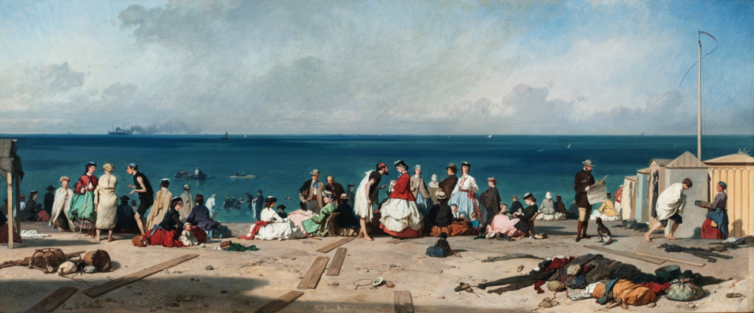 Eugène Le Poittevin, Les Bains de Mer, Plage d’Étretat, 63 × 149,4 cm, huile sur toile, 1864.