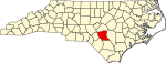 Mapa de Carolina del Norte con la ubicación del condado de Cumberland