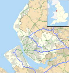 Mapa konturowa Merseyside, na dole znajduje się punkt z opisem „Childwall”