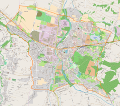 Mapa konturowa Andrychowa, blisko centrum u góry znajduje się punkt z opisem „Wytwórnia Silników Wysokoprężnych „Andoria” S.A.”