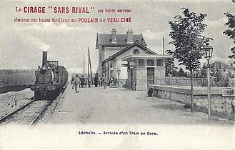 Arrivée d'un train en gare de Léchelle vers 1900.