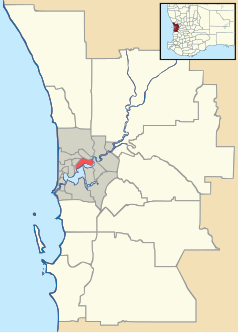 Mapa konturowa Perth, blisko centrum na lewo znajduje się punkt z opisem „Katedra św. Jerzego”