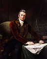 Portrait of Marc Isambard Brunel, 1813, with a model of his block-making machine in the background.