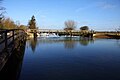 View looking north of the two footbridges at the northern end of Fiddler's Island, with Port Meadow on the right