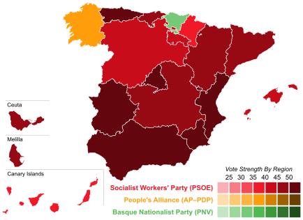 Map of Spain showcasing winning party's strength by autonomous community