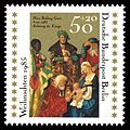 Berliner Weihnachts-Briefmarke von 1985, Motiv: Anbetung der Könige, Mitteltafel des Dreikönigsaltars von 1506/07, mit Selbstbildnis von Hans Baldung als einer der Drei Könige (Gemäldegalerie Berlin)