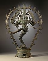 Restrained double-lotus throne typical of Chola bronzes, when they have them at all. Shiva Nataraja, 10th century.