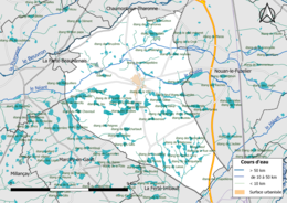 Carte en couleur présentantle réseau hydrographique de la commune