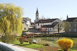 The lake and church in the centre of the village