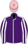 Purple, white seams, striped sleeves, pink cap