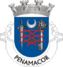 Escudo de azul, uma espada abálida e uma chave com o palhetão apontado para a ponta do escudo, ambas de prata e posta em pala, passadas e repassadas por cordão de vermelho atado em nó de três laçadas. Em chefe, um crescente de prata. Coroa mural de prata de quatro torres. Listel branco com as letras a negro "PENAMACOR".