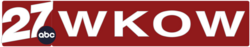 On a red background, a numeral "27" in white, slighly curved on the bottom, appears to the right of the 2021 version of ABC's logo, which is tucked in beneath the bottom-right of the "7". On its right in a larger font, the call letters "WKOW" are rendered in font that approximately matches that of the "27".