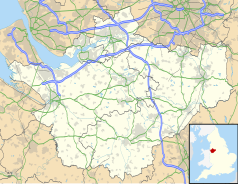 Mapa konturowa Cheshire, na dole po lewej znajduje się punkt z opisem „Churton by Aldford”