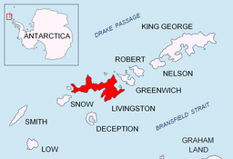 Plasseringa til Livingston Island i Sør-Shetlandsøyane.