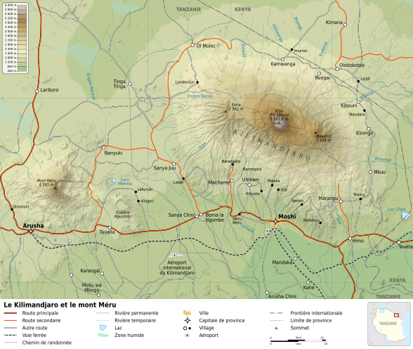 Carta topografica del monte Méru e del Kilimanjaro.