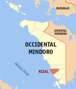 Mapa han Occidental Mindoro nga nagpapakita kon hain namahutang an Rizal