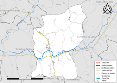 Carte en couleur présentant le réseau hydrographique de la commune