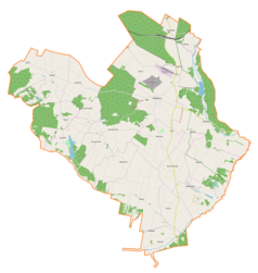 Mapa konturowa gminy Małogoszcz, po prawej nieco na dole znajduje się punkt z opisem „Jaców”