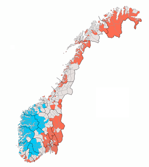 Mapka Norska s vyznačením obcí, kde se jako úřední jazyk používá bokmål a nynorsk (2007)