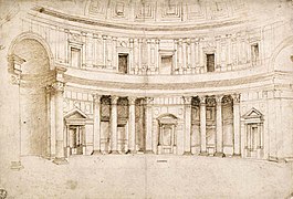 Interiore del Pantheon (disegno di Raffaello) in cui si vedono nicchie e edicule