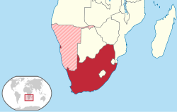 Location of the Union of South Africa. South West Africa shown as disputed area (administered as 5th province of the Union).