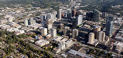 Aerial view of Bellevue, a satellite city in the Seattle metropolitan area and the fifth most populous city in Washington