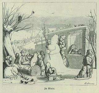 Bonhomme de neige entouré d'enfants, 1867.