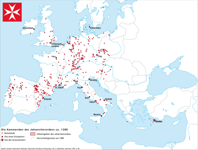 Komendy maltézských rytířů kolem roku 1300