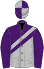 grey,dark blue halved horizontally, dark blue sash, dark blue sleeves, quartered cap