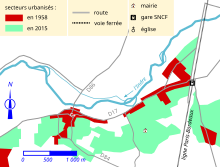 Carte représentant par un jeu de couleurs l'extension des zones bâties d'un territoire.