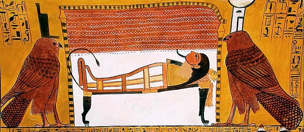 Nephtys (droite) et Isis (gauche) en tant que milans près du défunt Sennedjem - Tombe de Sennedjem, XIXe dynastie.