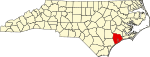 Mapa de Carolina del Norte con la ubicación del condado de Onslow