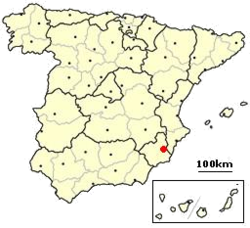 Murcia (red dot) on a map of Spain