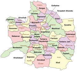 Location of Salehabad County in Razavi Khorasan province (right, pink)