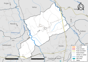 Carte en couleur présentant le réseau hydrographique de la commune