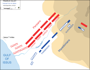 A military diagram. A river runs through the lower-left diagonal. On one side are the Persians, with the Orientals and Greek mercenaries, and on the other are the Macedonians, with Alexander and Parmenion. The gradient of the nearby mountains generally decreases from the top right, till the shores of the gulf in the bottom left.