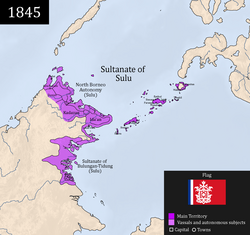 Map showing the extent of the Sultanate of Sulu in 1845, with Northeast Borneo lowlands being under its nominal control.