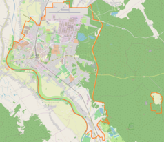 Mapa konturowa Mielca, po lewej znajduje się punkt z opisem „Lądowisko Mielec”