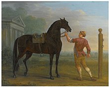 Peinture montrant un cheval marron foncé tenu par un homme