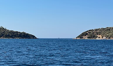 Gap between Kalem Island south coast on right and mainland Bademli, Turkey