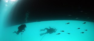 Two divers under a ship